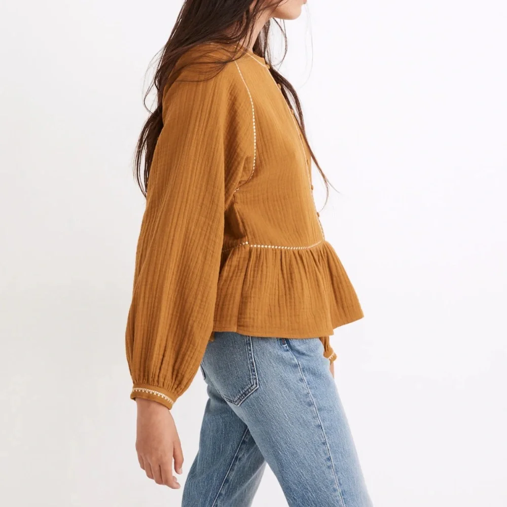 Madewell Embroidered Lightspun Long Puff Sleeves Covered Buttons Boho Top XS
